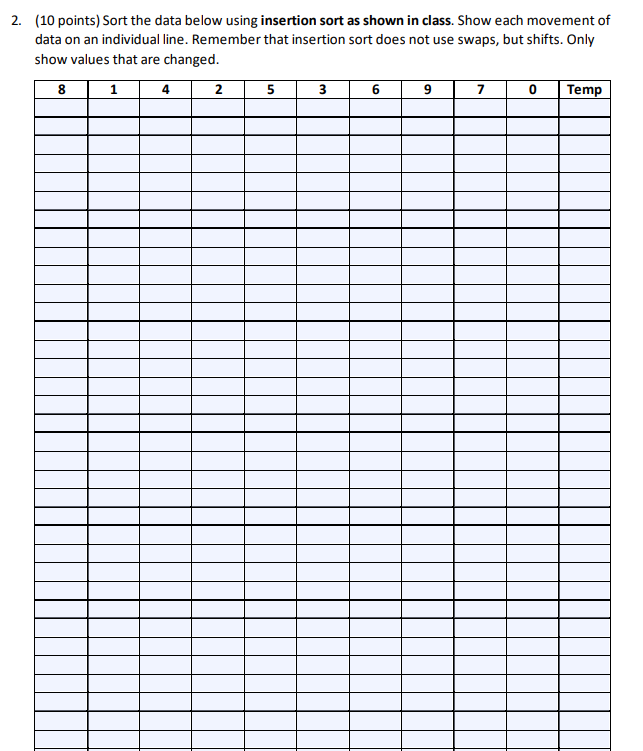 Solved (10 points) Sort the data below using insertion sort | Chegg.com