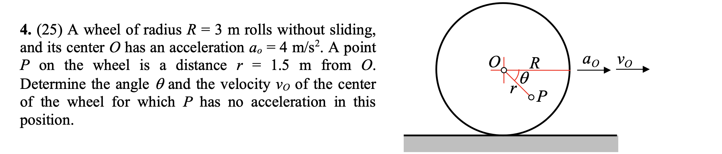 4. (25) A wheel of radius \( R=3 \mathrm{~m} \) rolls without sliding, and its center \( O \) has an acceleration \( a_{o}=4