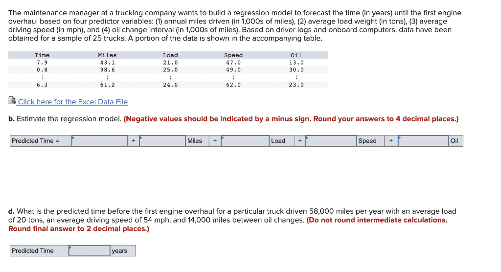 Solved The maintenance manager at a trucking company wants | Chegg.com