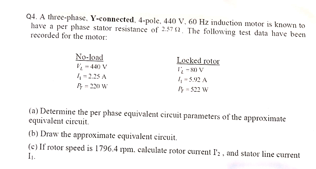 Solved Q4. A Three-phase, Y-connected, 4-pole, 440 V, 60 Hz | Chegg.com