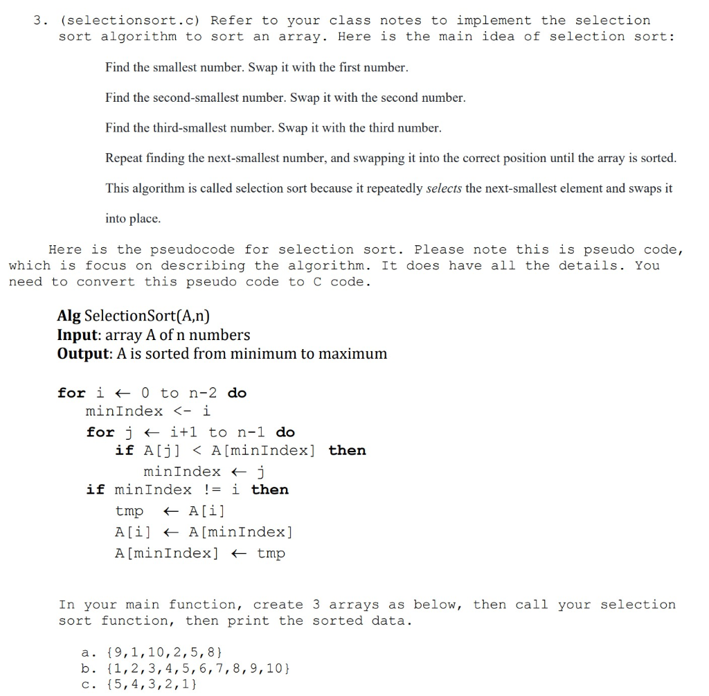 Solved 3. (selectionsort.c) Refer to your class notes to | Chegg.com