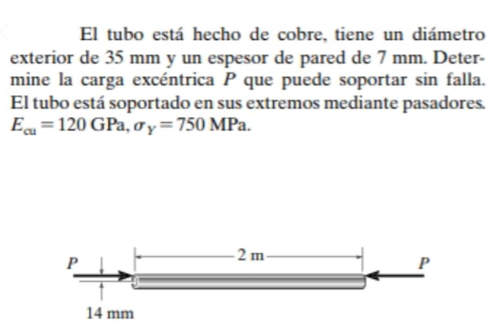 El tubo está hecho de cobre, tiene un diámetro exterior de \( 35 \mathrm{~mm} \) y un espesor de pared de \( 7 \mathrm{~mm} \