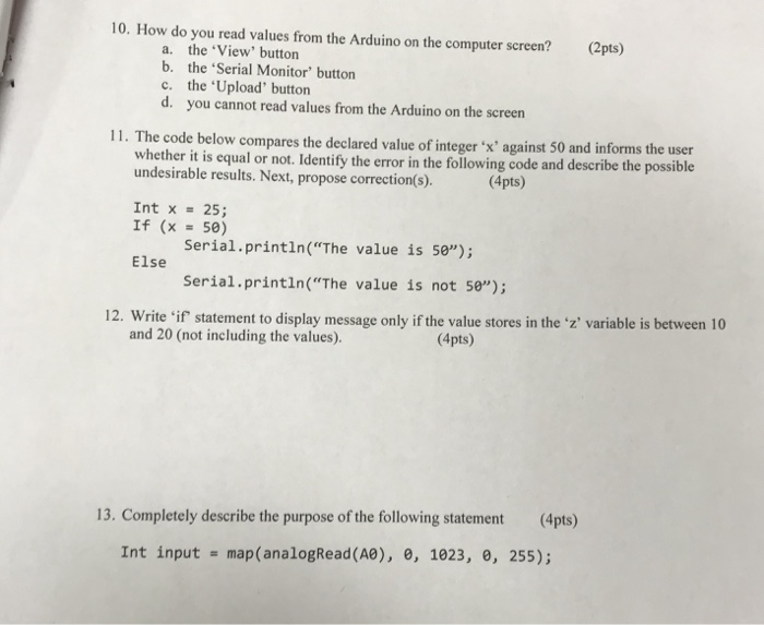 Solved 10. How do you read values from the Arduino on the | Chegg.com