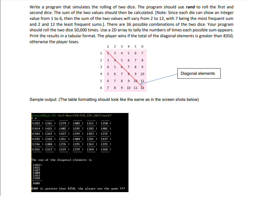 Solved Write a program that simulates the rolling of two | Chegg.com