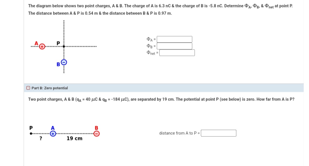 Solved The diagram below shows two point charges, A & B. | Chegg.com