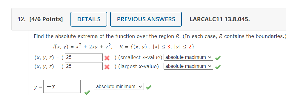Solved 12. [4/6 Points] DETAILS PREVIOUS ANSWERS LARCALC11 | Chegg.com