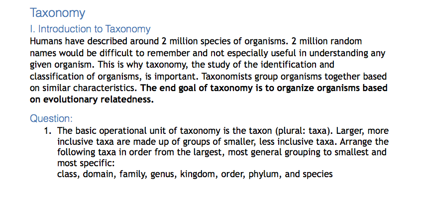 Solved Taxonomy 1. Introduction to Taxonomy Humans have | Chegg.com