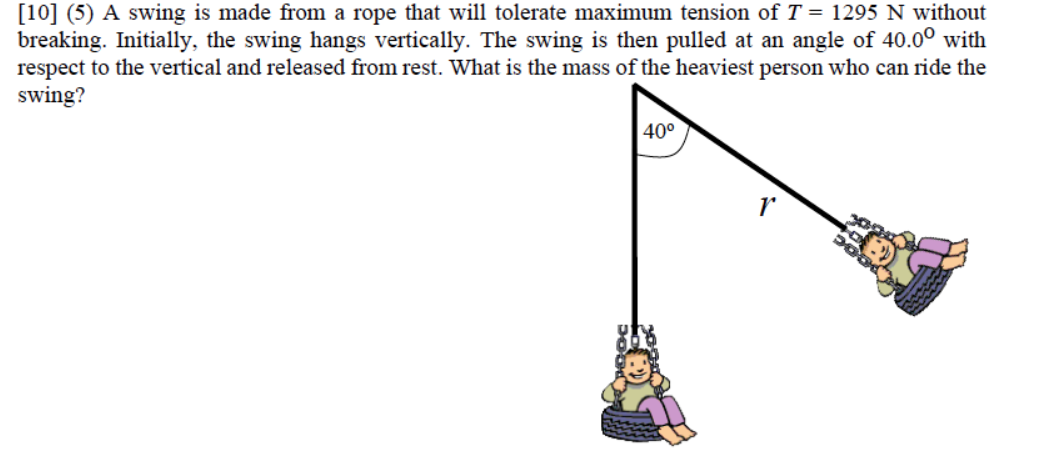 Solved [10] (5) A swing is made from a rope that will | Chegg.com