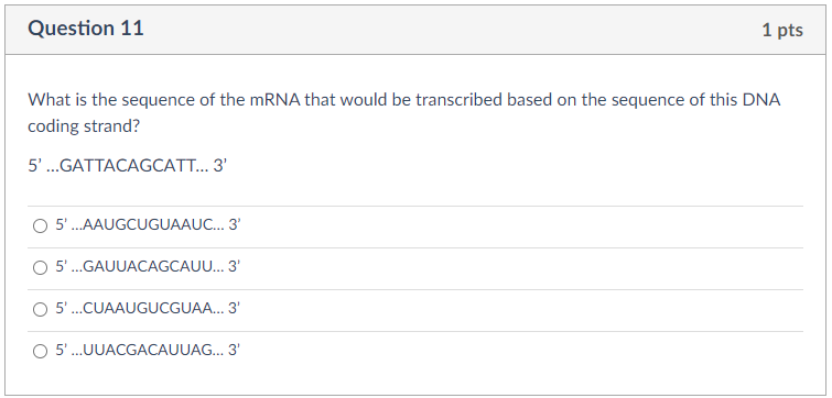 Solved Question 11 1 pts What is the sequence of the mRNA | Chegg.com