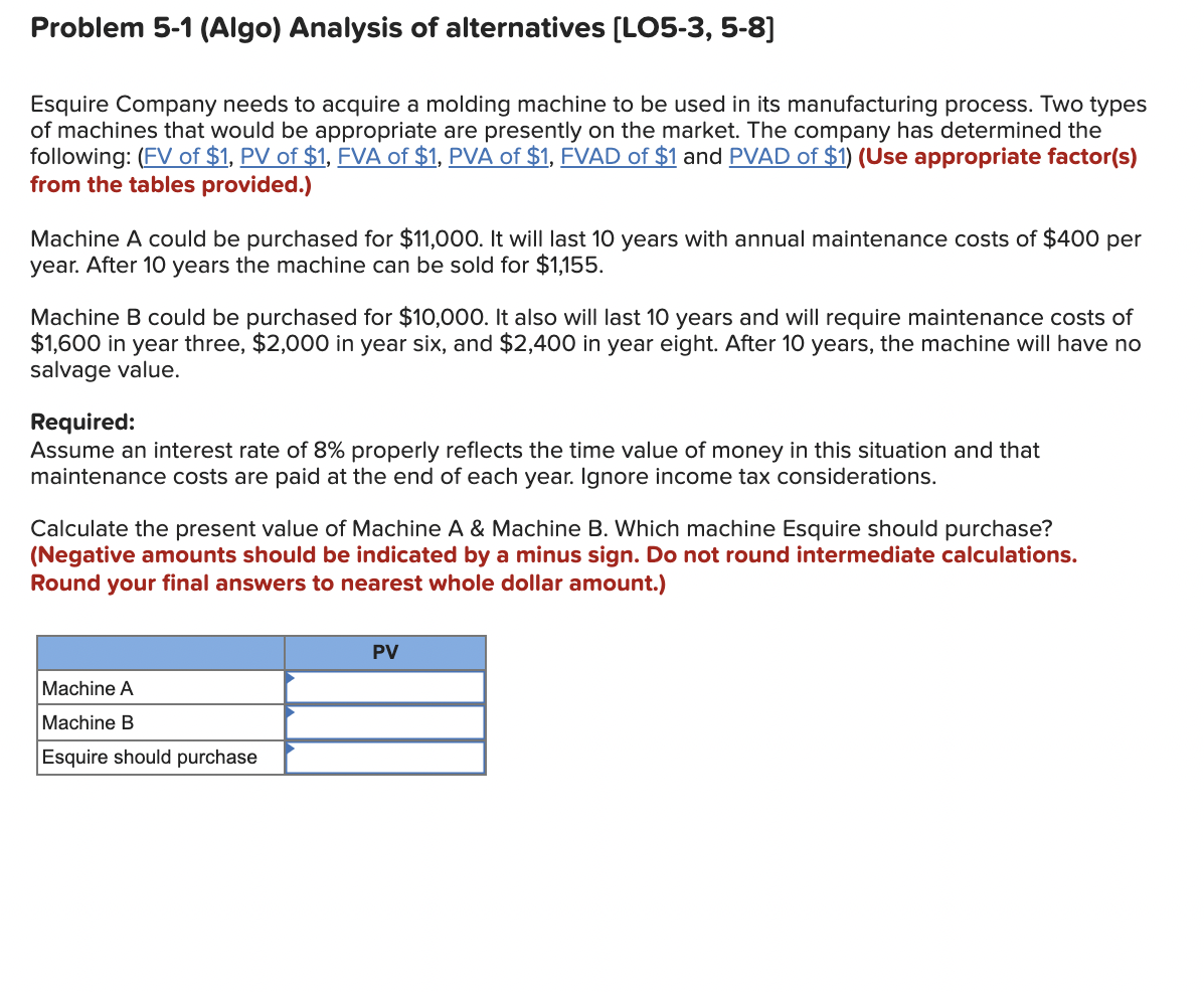 Solved Problem 5-1 (Algo) Analysis of alternatives (LO5-3, | Chegg.com