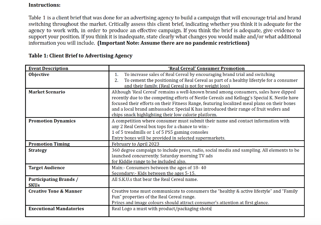 Instructions: Table 1 is a client brief that was done | Chegg.com