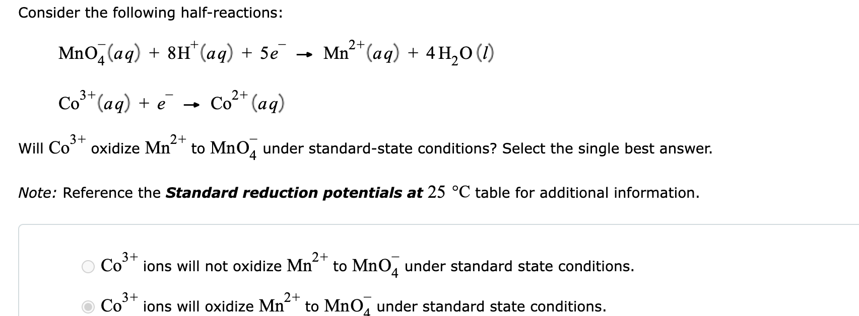 Solved Consider the following half-reactions: 2+ MnO2(aq) + | Chegg.com