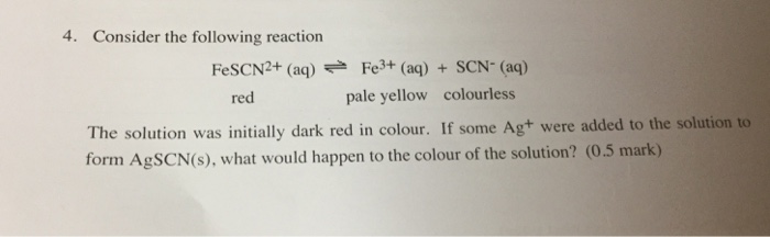 Solved Consider the following reaction FeSCN^2+ (aq) Fe^3+ | Chegg.com