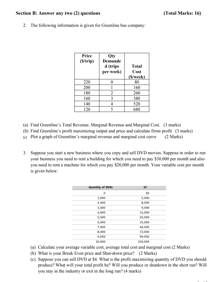 Solved Section B: Answer Any Two (2) Questions (Total Marks: | Chegg.com