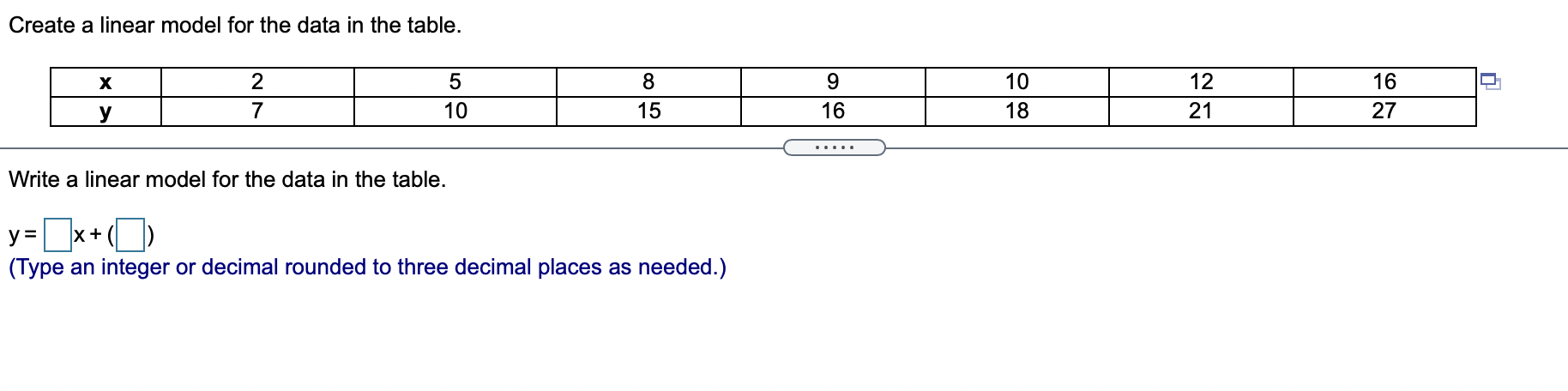 Solved Create a linear model for the data in the table. х 2 | Chegg.com