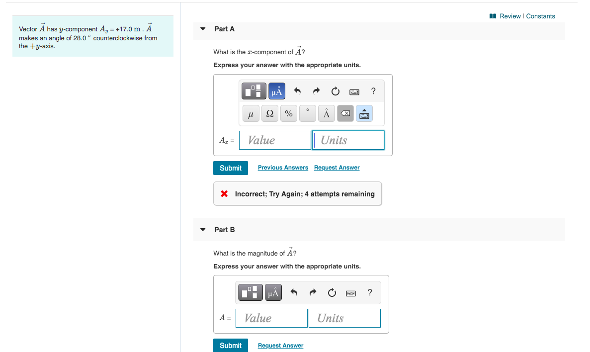 Solved Review Constants Part A Vector A Has Y Component A Chegg Com