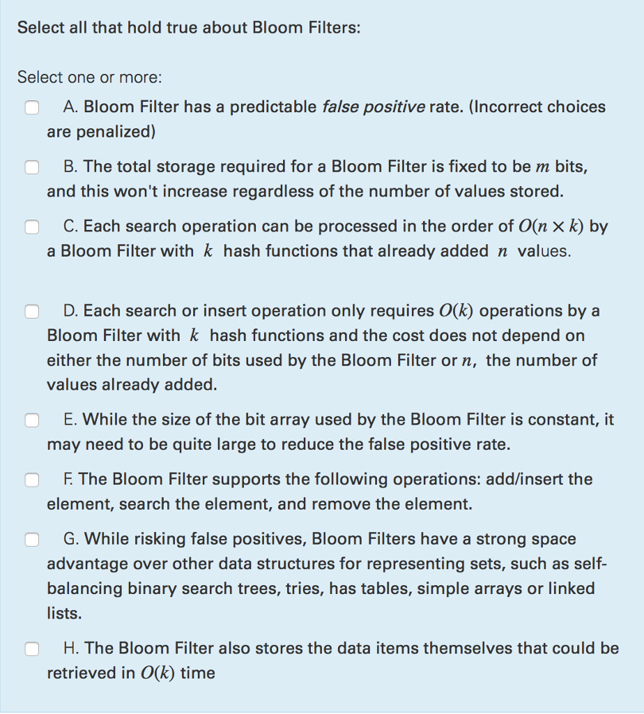 Solved Select all that hold true about Bloom Filters Select