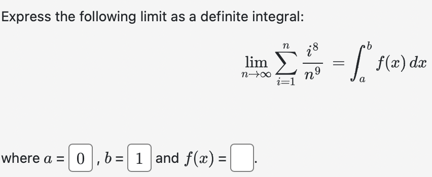 Solved Express the following limit as a definite integral: | Chegg.com