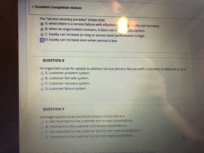 Solved v Question Completion Status: The "service recovery | Chegg.com