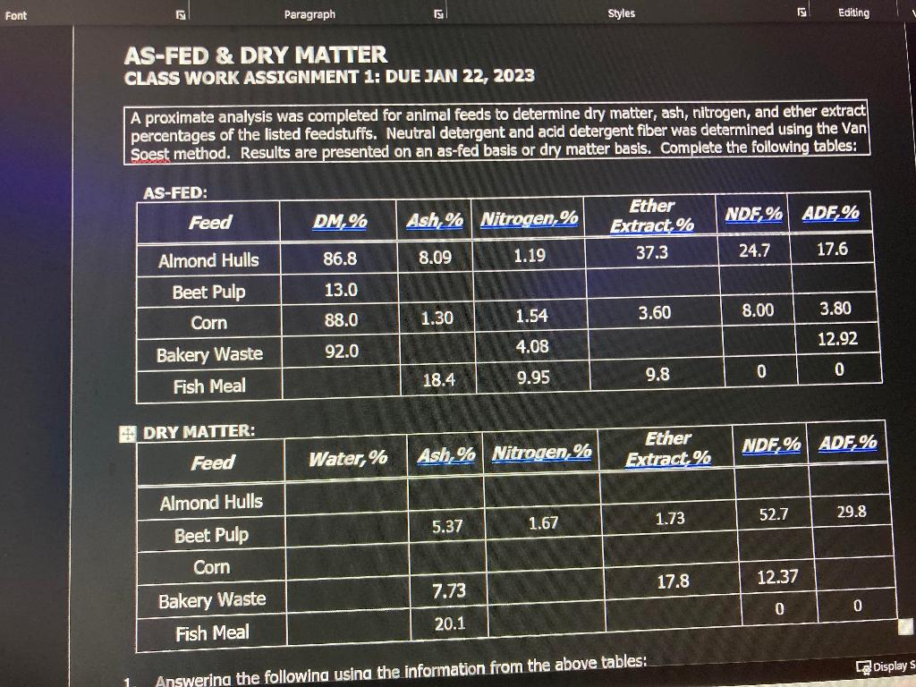 A proximate analysis was completed for animal feeds to determine dry matter, ash, nitrogen, and ether extract percentages of