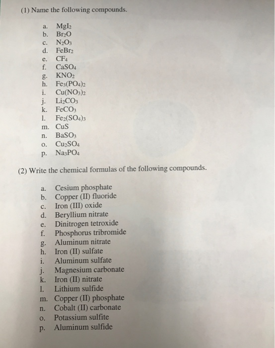 Solved 1 Name the following compounds. a. Mgl2 b. Br2O c