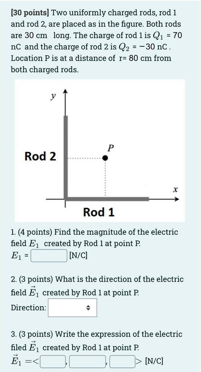 Solved [30 points] Two uniformly charged rods, rod 1 and rod