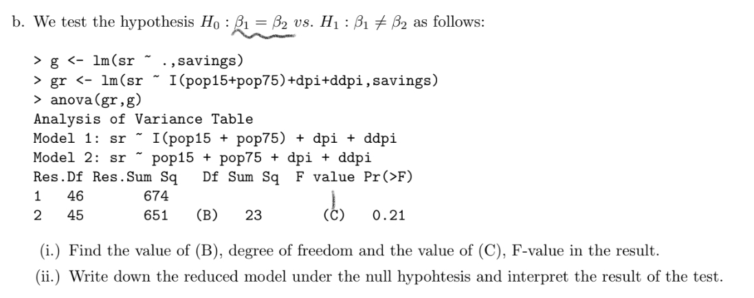 Solved b. We test the hypothesis H0:β1=β2 vs. H1:β1 =β2 as | Chegg.com