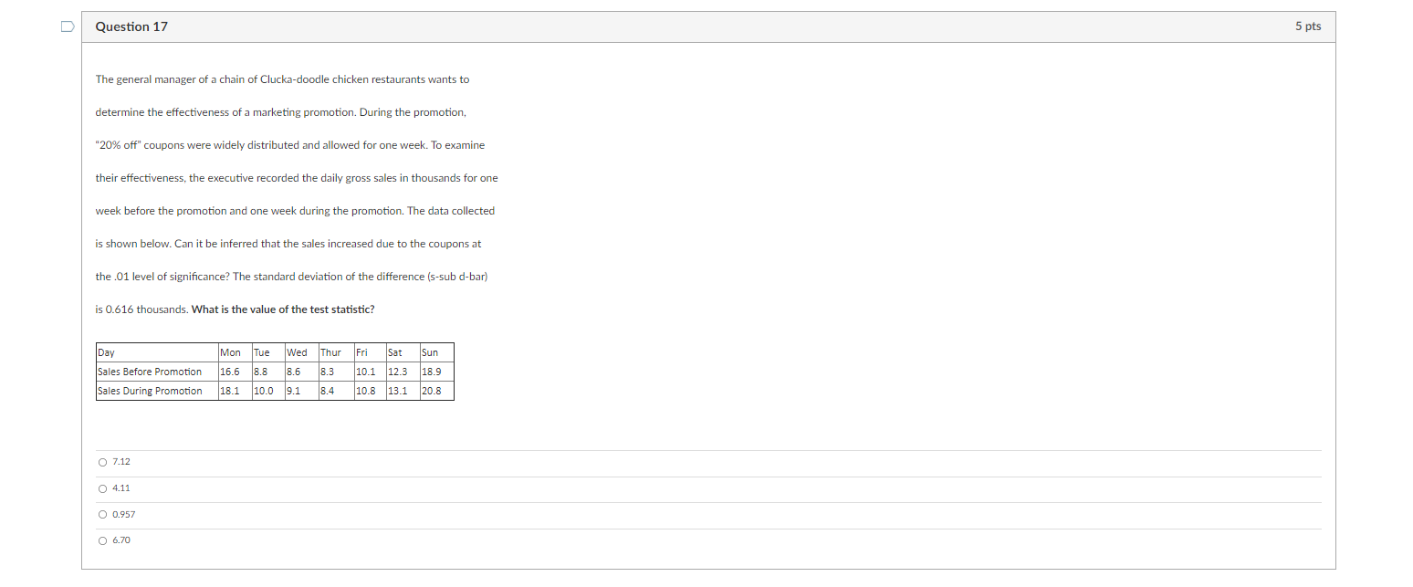 Solved Question 17 5 pts The general manager of a chain of | Chegg.com
