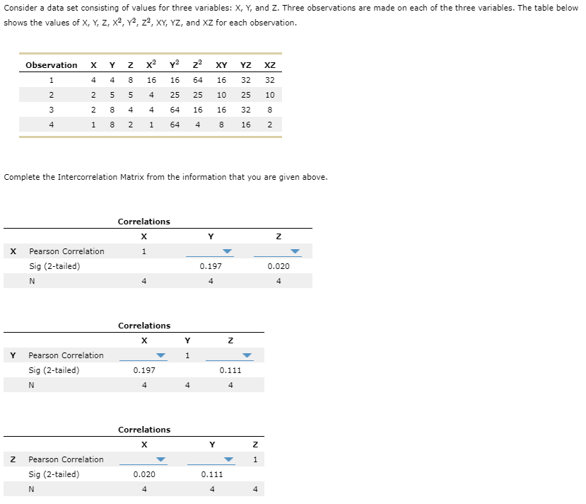 Solved Consider a data set consisting of values for three | Chegg.com