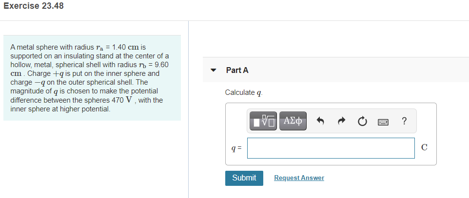 Solved Exercise 23.48 Part A A metal sphere with radius ra = | Chegg.com
