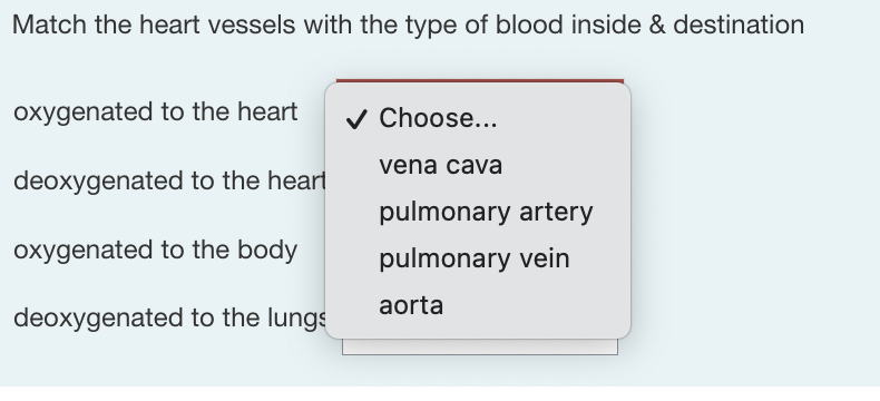 Solved Match the heart vessels with the type of blood inside | Chegg.com