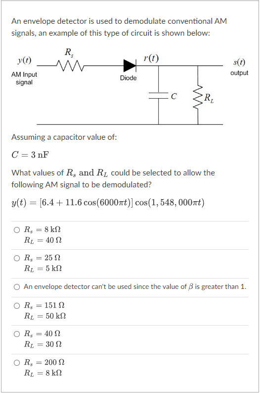 Solved An envelope detector is used to demodulate | Chegg.com