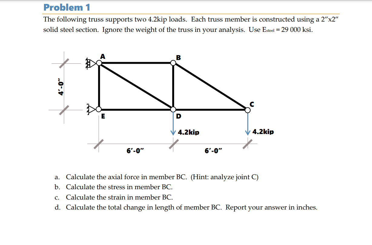 Solved Problem 1The following truss supports two 4.2kip | Chegg.com