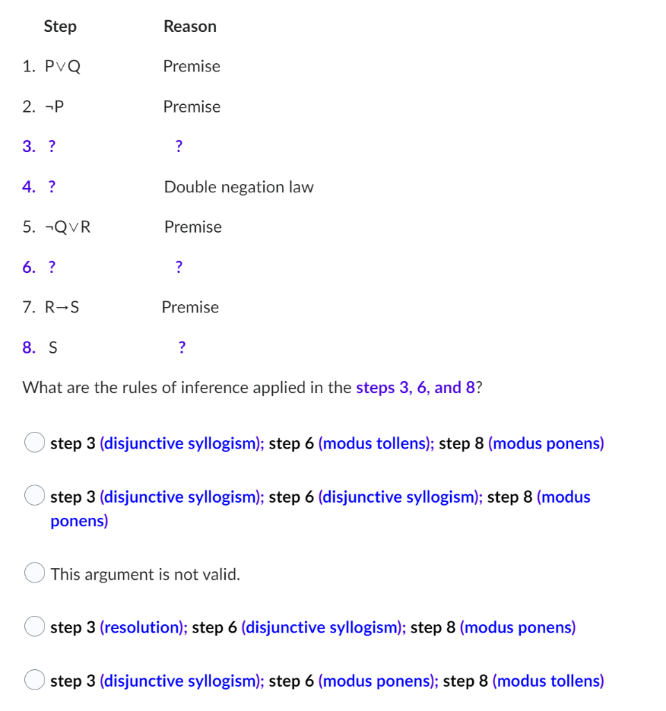 Solved Step Reason 1. PVQ Premise 2. P Premise 3. ? ? 4. ? | Chegg.com