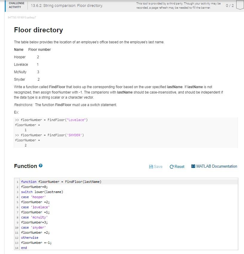 Solved CHALLENGE ACTIVITY 13.6.2: String comparison: Floor | Chegg.com