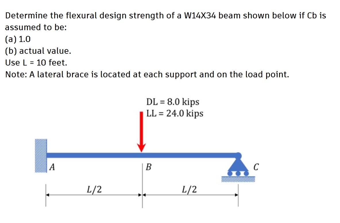 Determine the flexural design strength of a W14X34 beam shown below if Cb is
assumed to be:
(a) 1.0
(b) actual value.
Use L
=