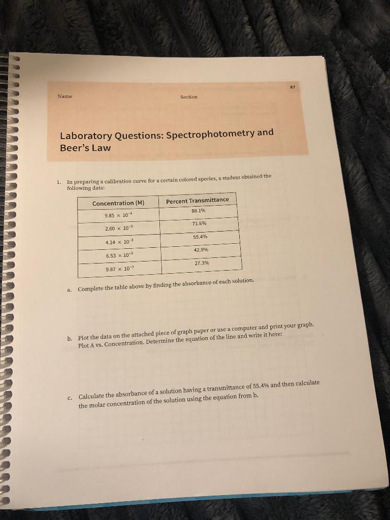 Solved Laboratory Questions Spectrophotometry and Beer's