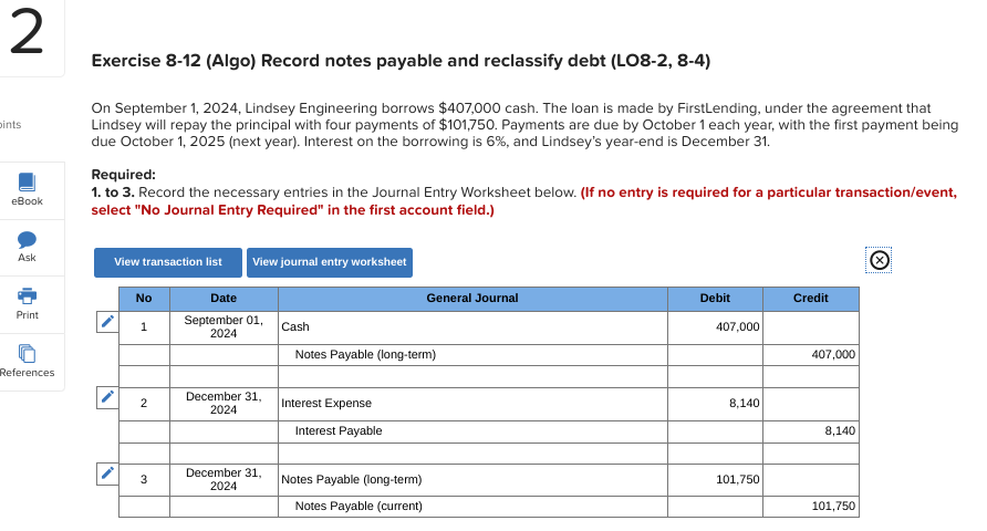 Solved Exercise 8-12 (Algo) Record notes payable and | Chegg.com