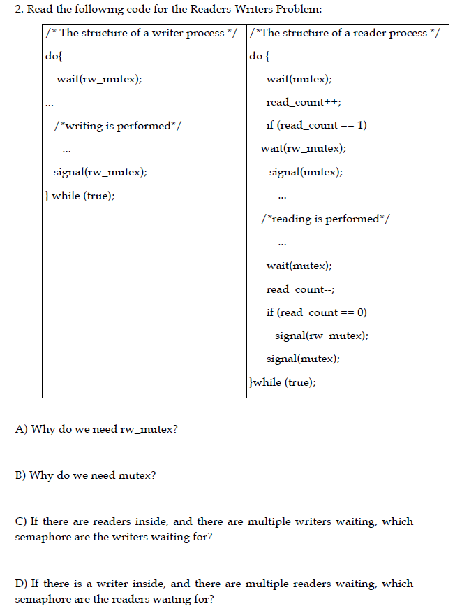 Solved 2. Read the following code for the Readers-Writers | Chegg.com