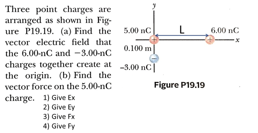Three point charges are arranged as shown in Figure P19.19. (a) Find the vector electric field that the 6.00-nC and -3.00-nC