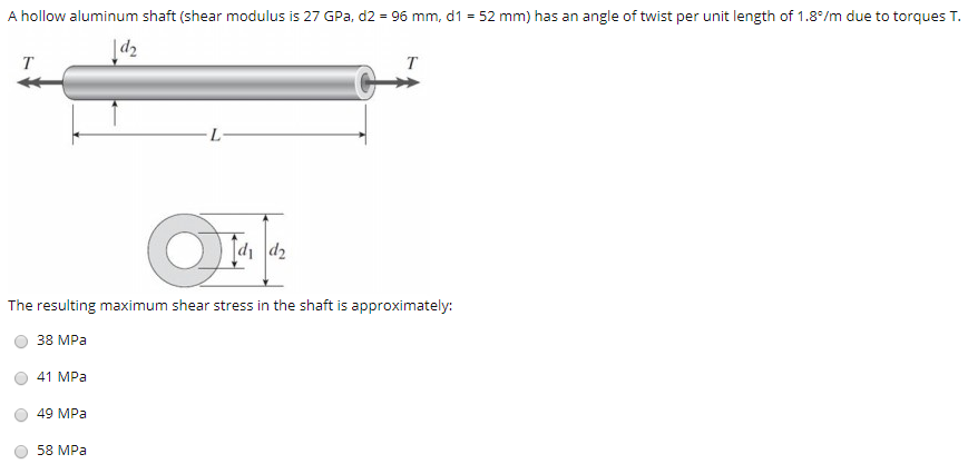 Solved A hollow aluminum shaft (shear modulus is 27 GPa, d2 | Chegg.com