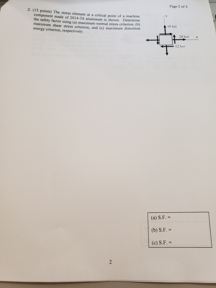 Solved Page 2 of 5 2. (15 points) The stress element at a | Chegg.com