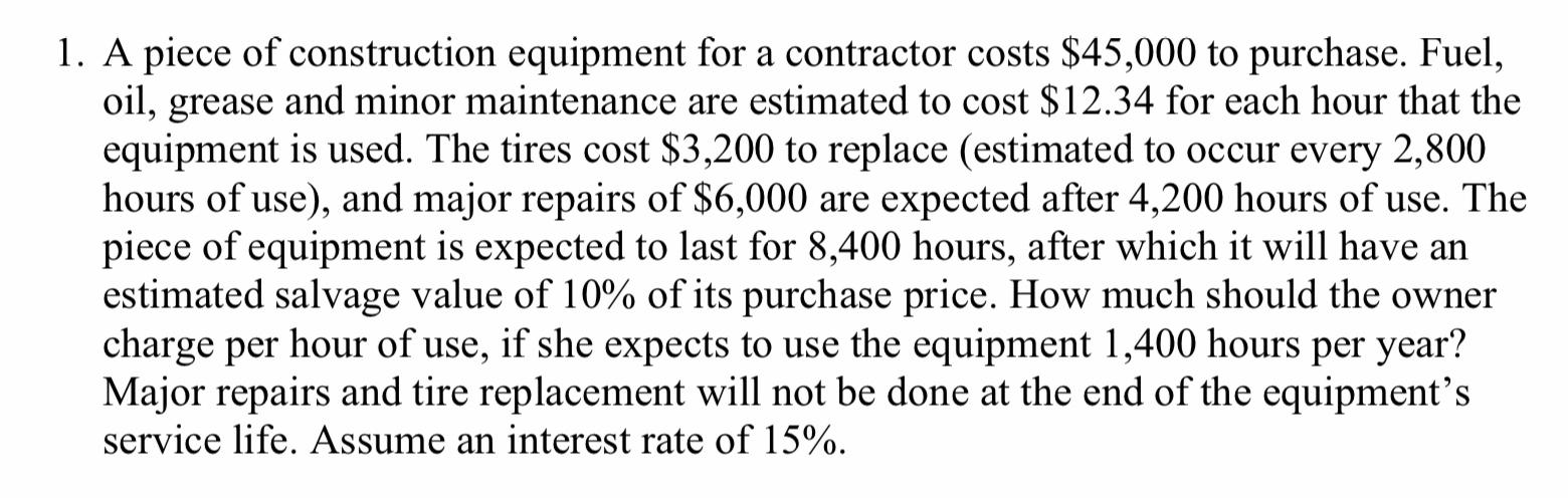 Solved 1. A Piece Of Construction Equipment For A Contractor | Chegg.com