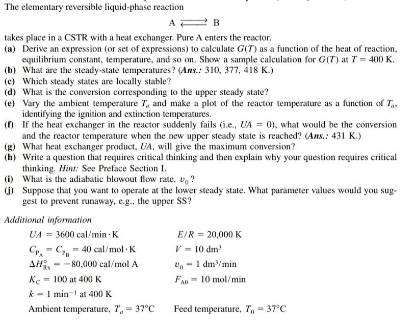 Solved The elementary reversible liquid-phase reaction A AB | Chegg.com