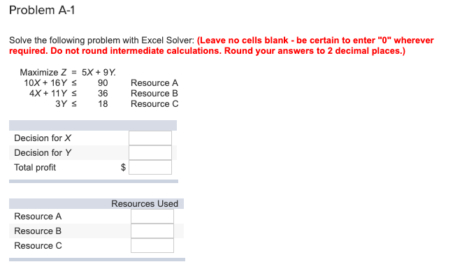 Solved Problem A-1 Solve the following problem with Excel | Chegg.com