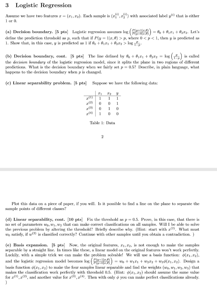3 Logistic Regression Assume we have two features 2 = | Chegg.com