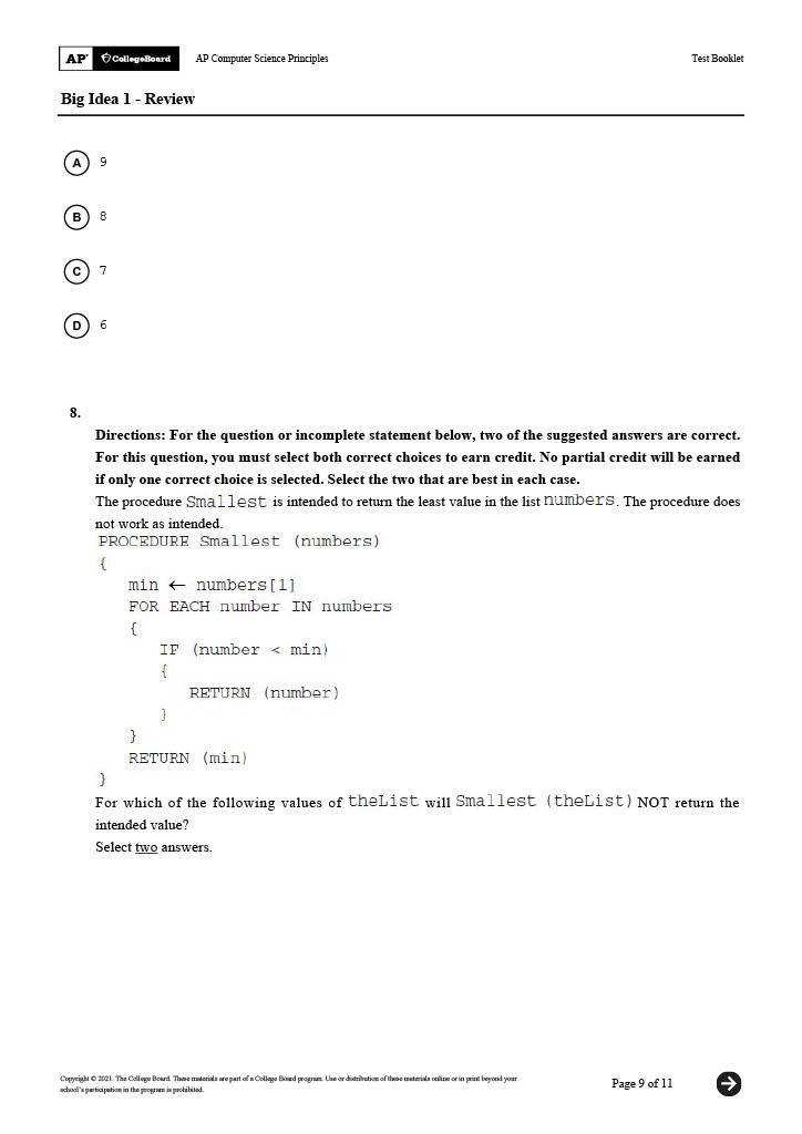 Solved ap college board ap computer science principles test chegg