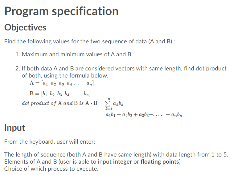 Solved Program specification Objectives Find the following | Chegg.com