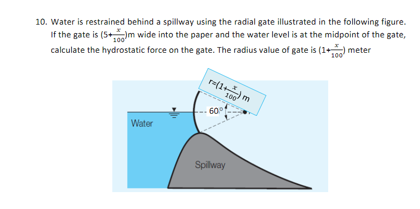 Solved 10. Water is restrained behind a spillway using the | Chegg.com