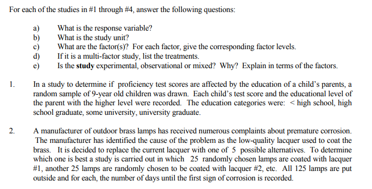 Solved For each of the studies in #1 through #4, answer the | Chegg.com